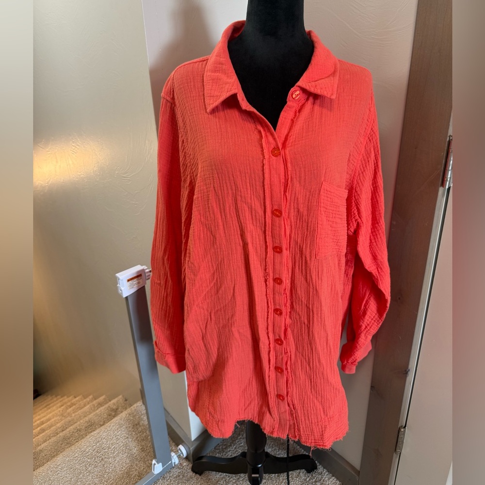 Belle by‎ Kim Gravel Longline Tunic Top Button Front Cotton Gauze Blouse Orange
